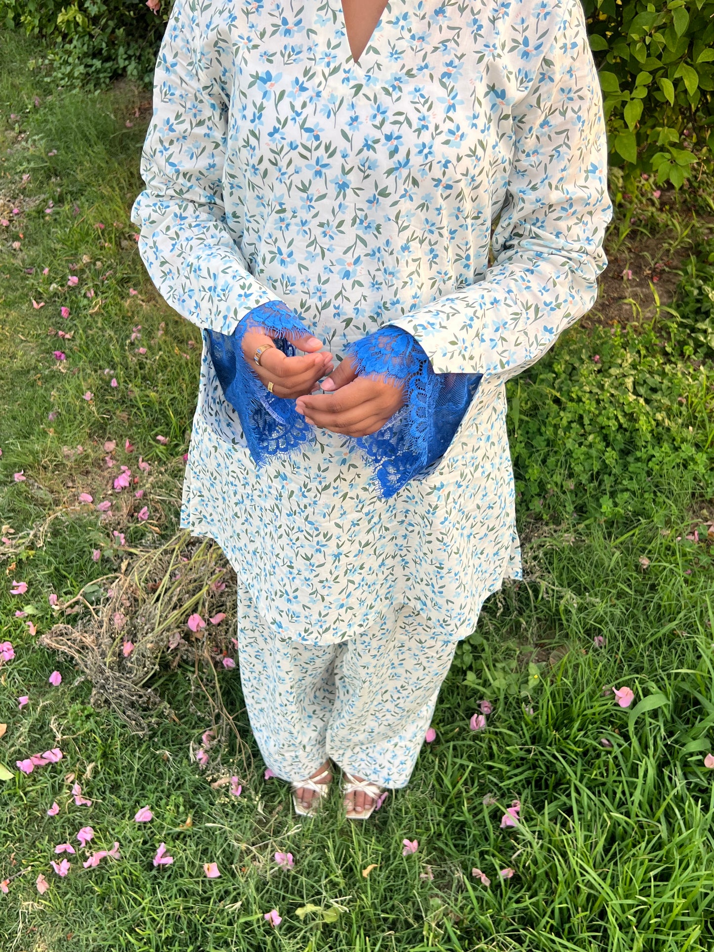 White & Blue Floral Co-ord Set