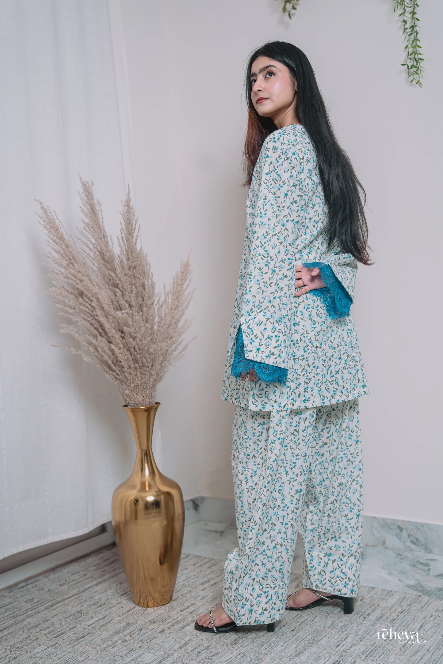 Booti Ivory Teal Cambric Cotton Farshi Set