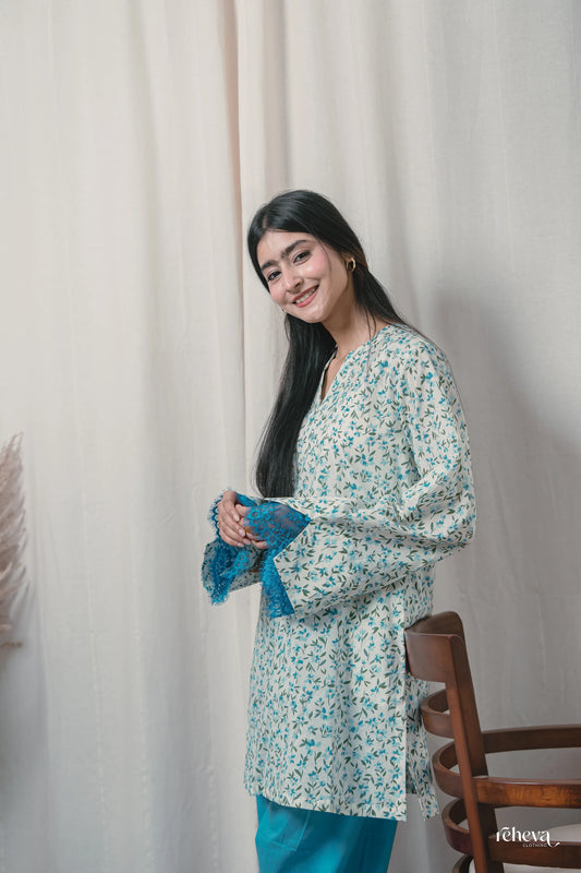 Chhint Turquoise Ivory Cambric Cotton Farshi Set