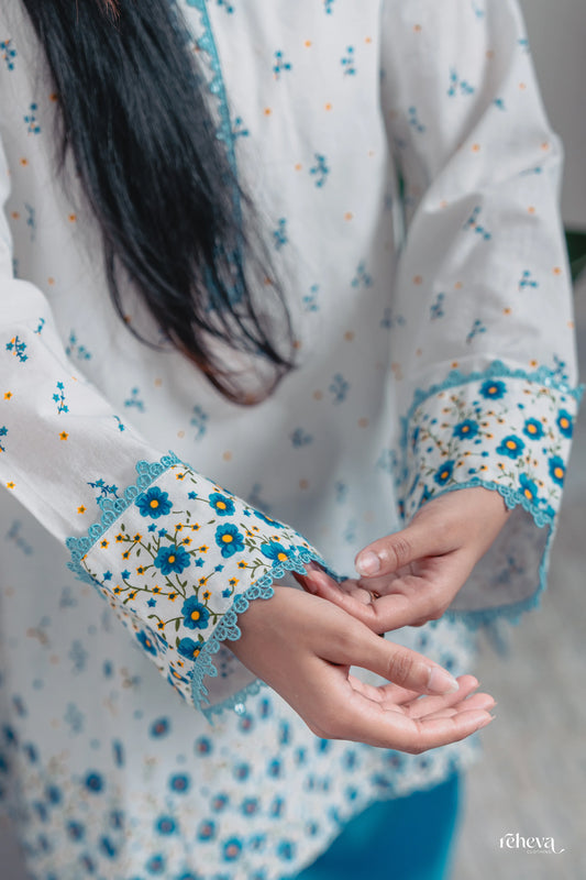 Daaman Aqua Ivory Cambric Cotton Farshi Set