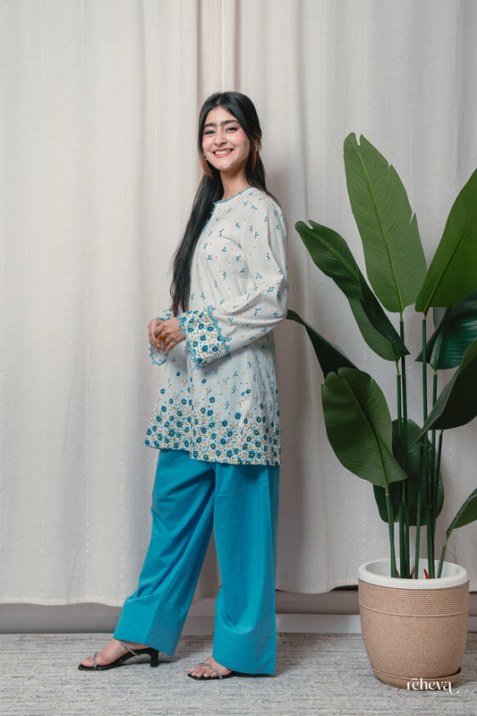 Daaman Aqua Ivory Cambric Cotton Farshi Set
