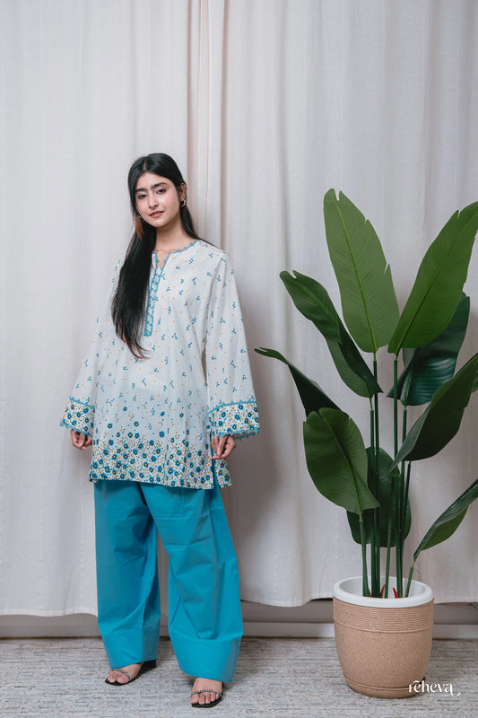 Daaman Aqua Ivory Cambric Cotton Farshi Set