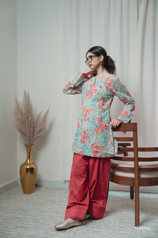 Gulbahar Mint Coral Cambric Cotton Farshi Set