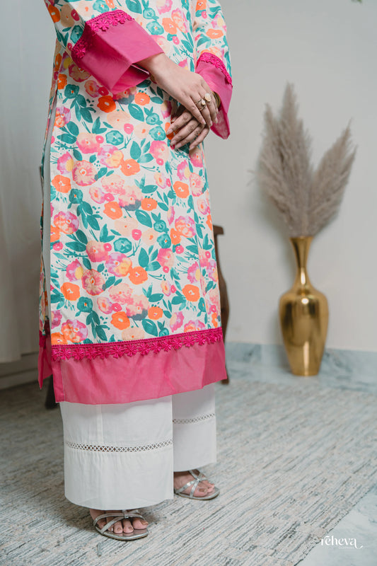 Phulwari Ivory Fuchsia Cambric Cotton Kurta Set