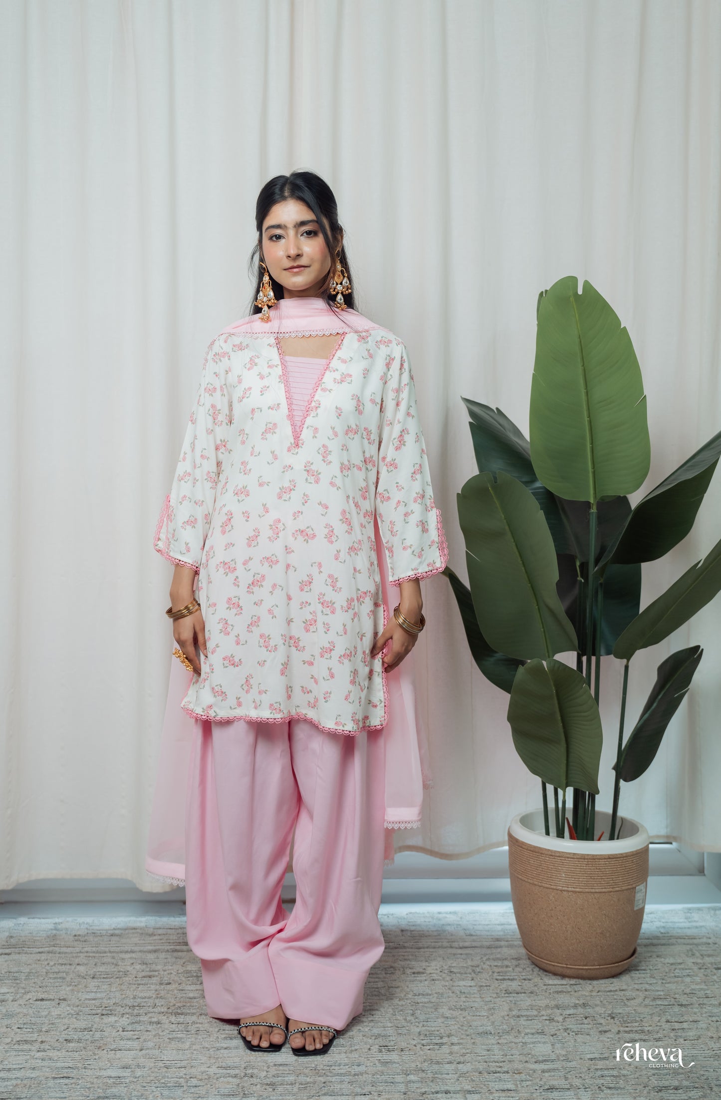 Soft Pink Floral Kurta Set with Farshi Salwar & Georgette Dupatta