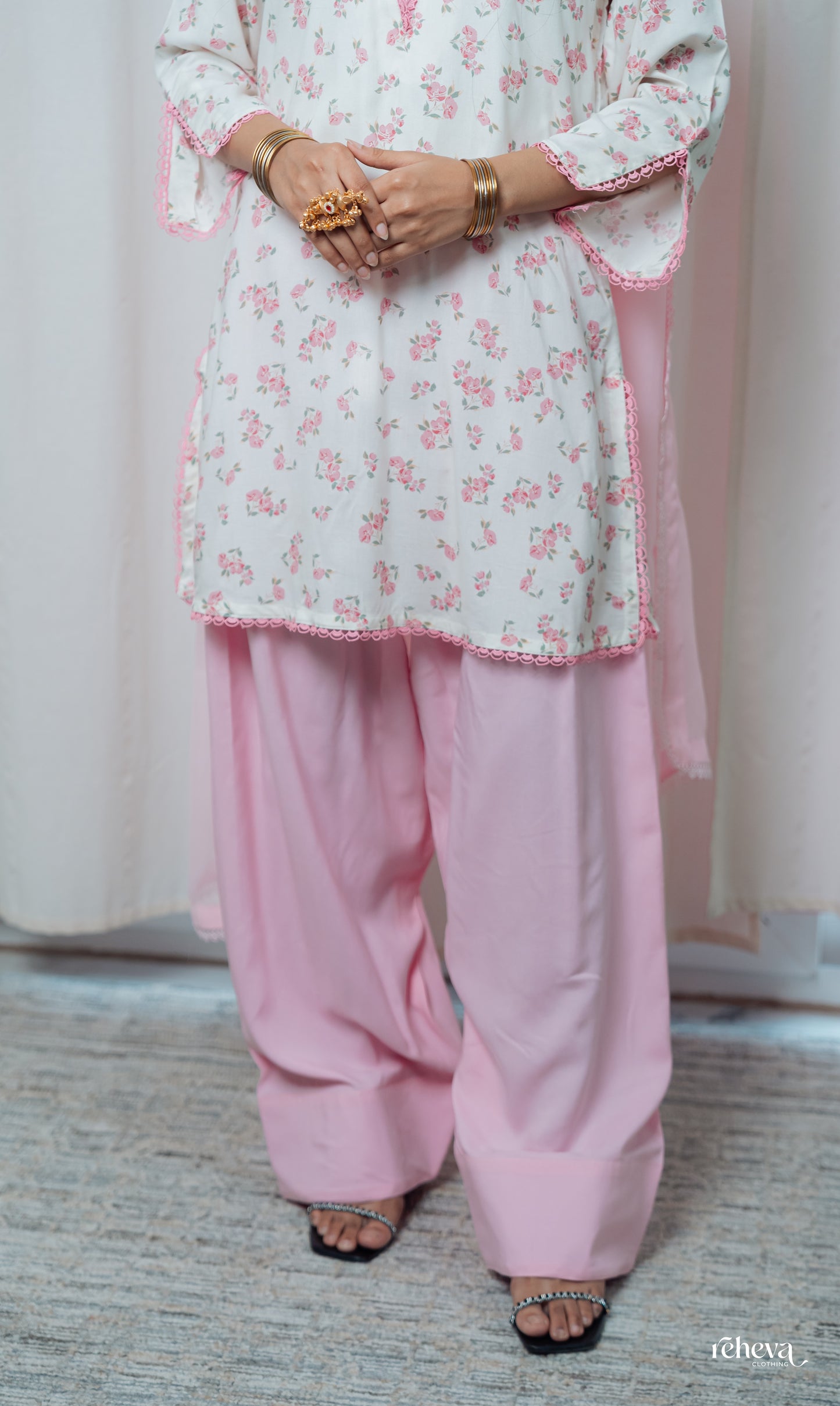Soft Pink Floral Kurta Set with Farshi Salwar & Georgette Dupatta
