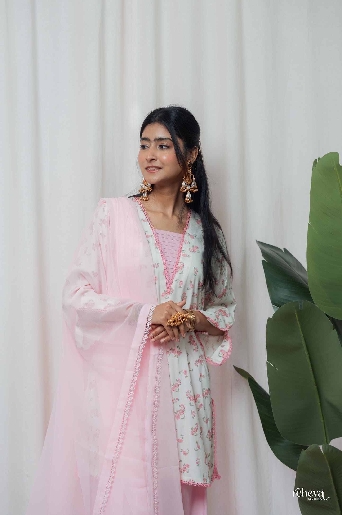 Soft Pink Floral Kurta Set with Farshi Salwar & Georgette Dupatta