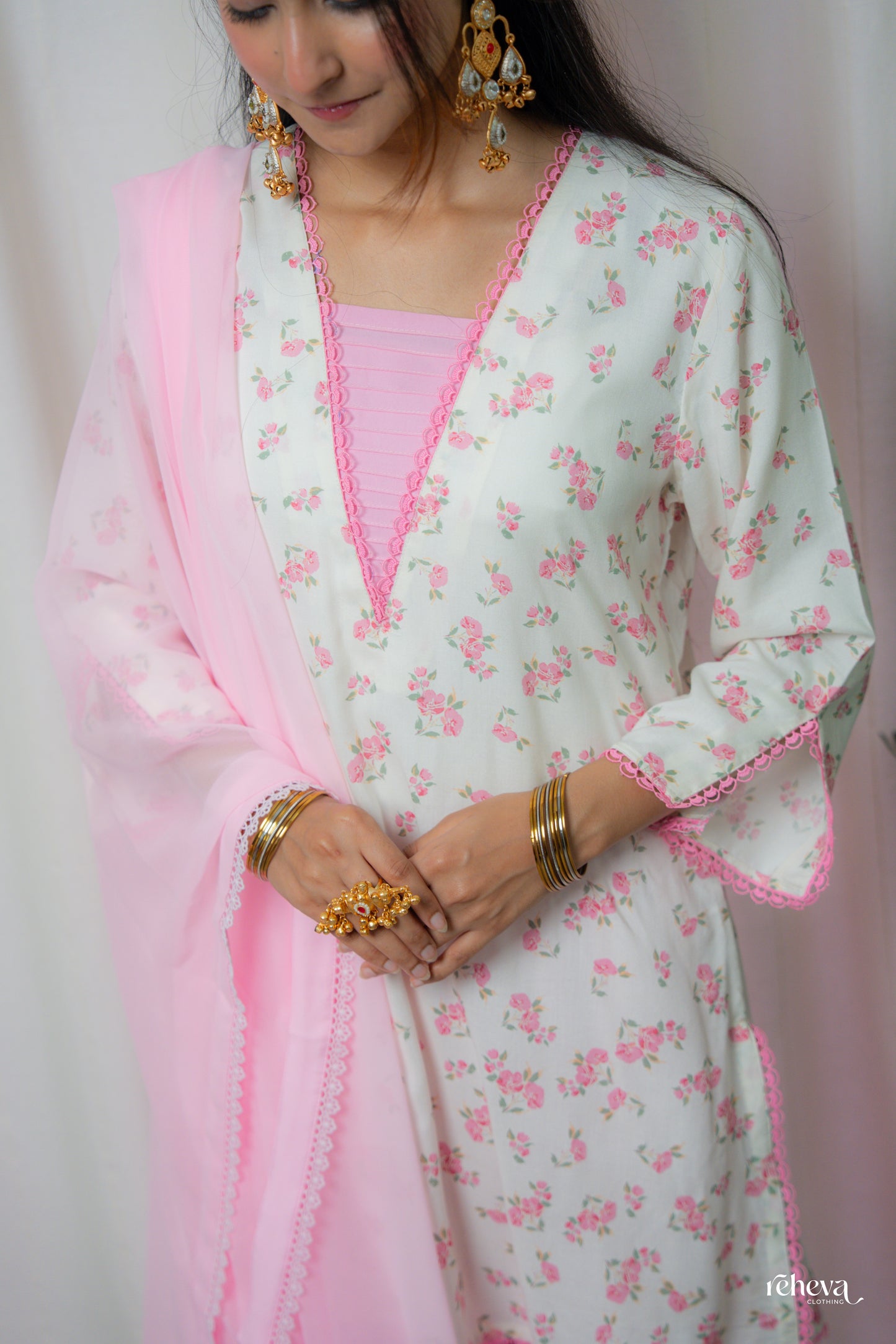 Soft Pink Floral Kurta Set with Farshi Salwar & Georgette Dupatta