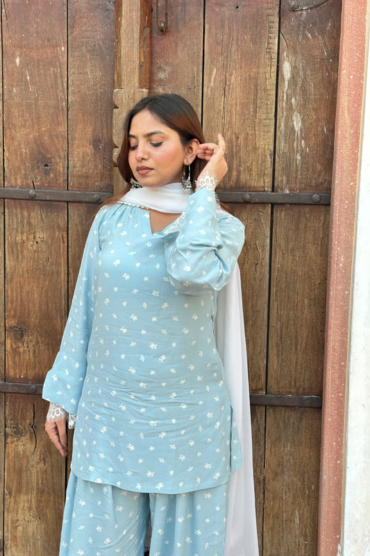 A woman wearing a light blue three-piece salwar kameez suit with white floral prints and a white dupatta, standing in front of a rustic wooden door.
