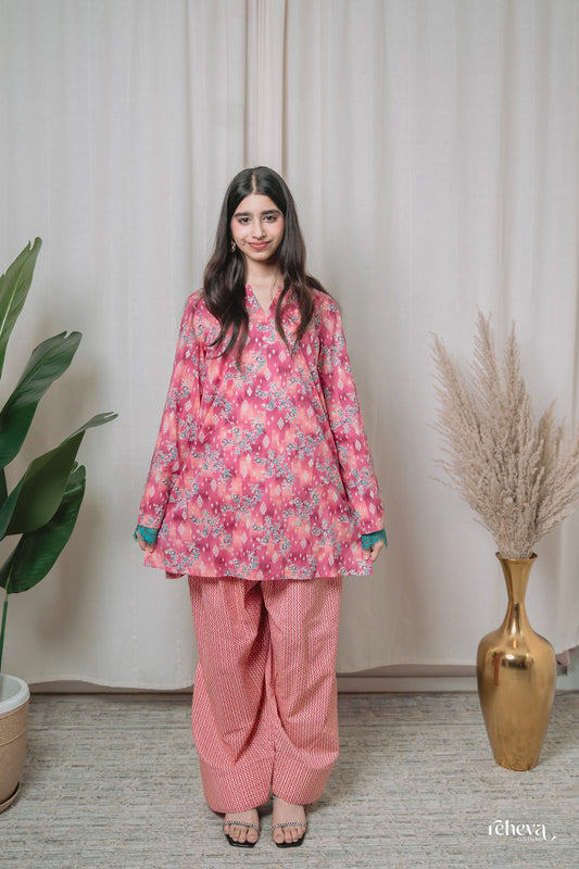 Bagh Rose Teal Cambric Cotton Farshi Set
