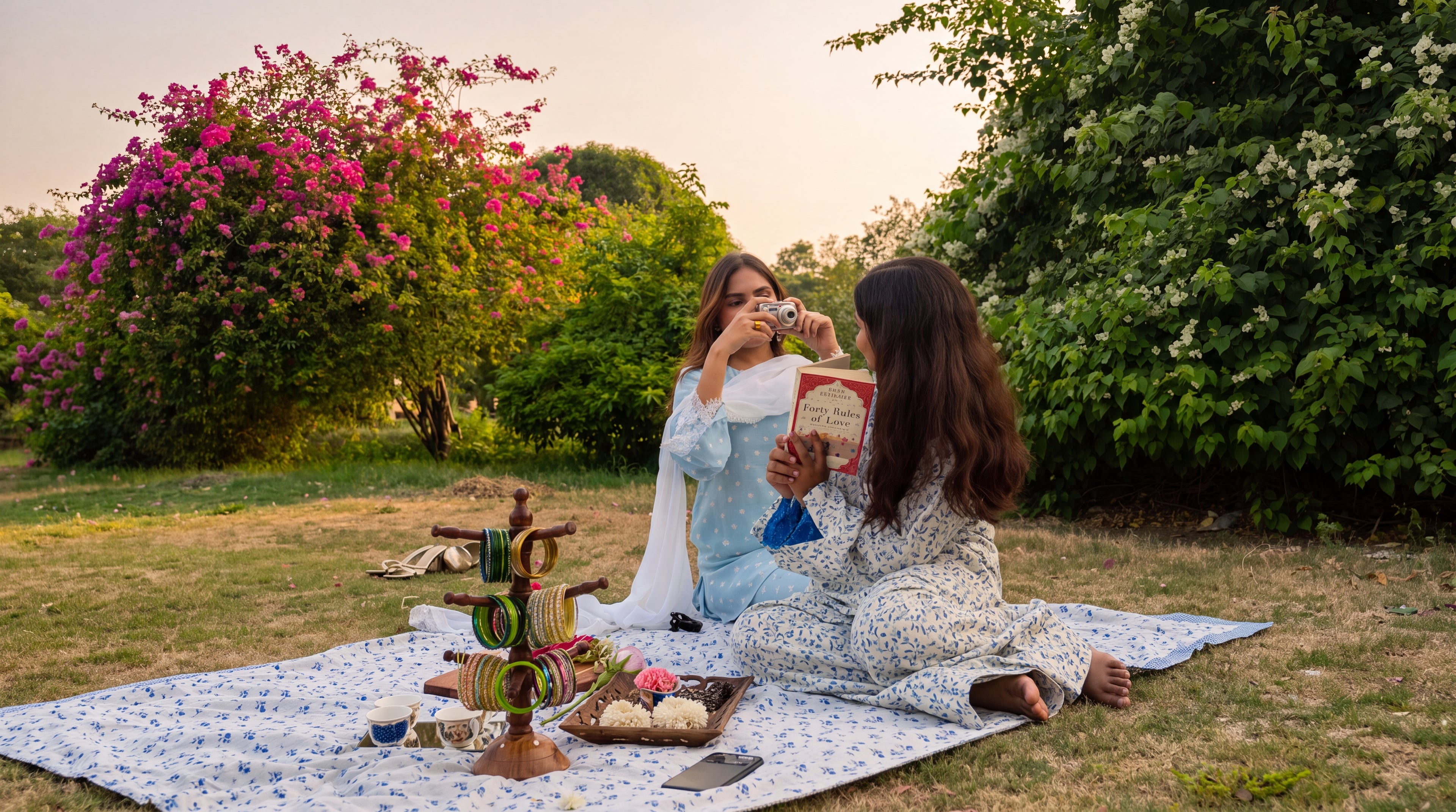 Two women sitting on a blue floral picnic blanket in a grassy park, sharing a moment outdoors with a tea set and snacks in the foreground, surrounded by lush green trees and pink bougainvillea flowers.
