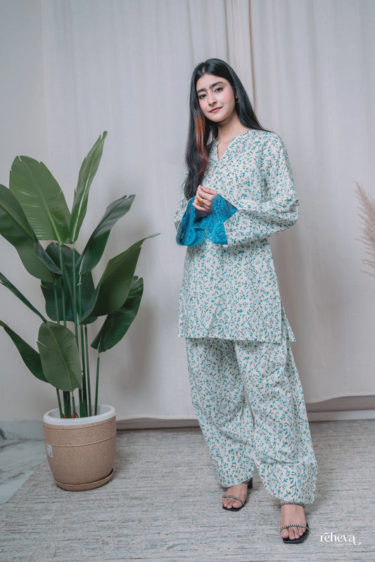 Booti White Teal Cambric Cotton Farshi Set