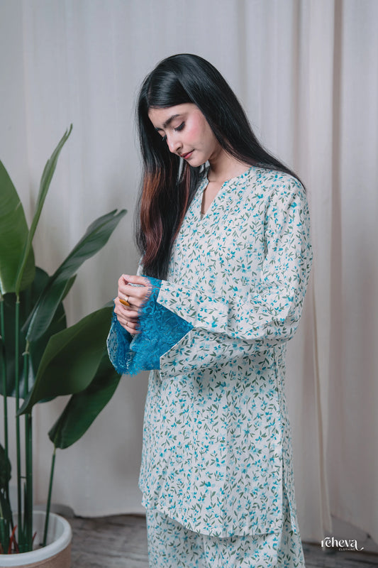 Booti White Teal Cambric Cotton Farshi Set