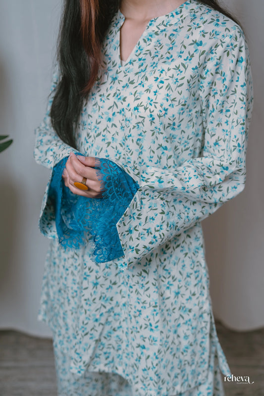Booti White Teal Cambric Cotton Farshi Set
