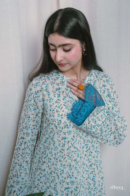 Booti White Teal Cambric Cotton Farshi Set