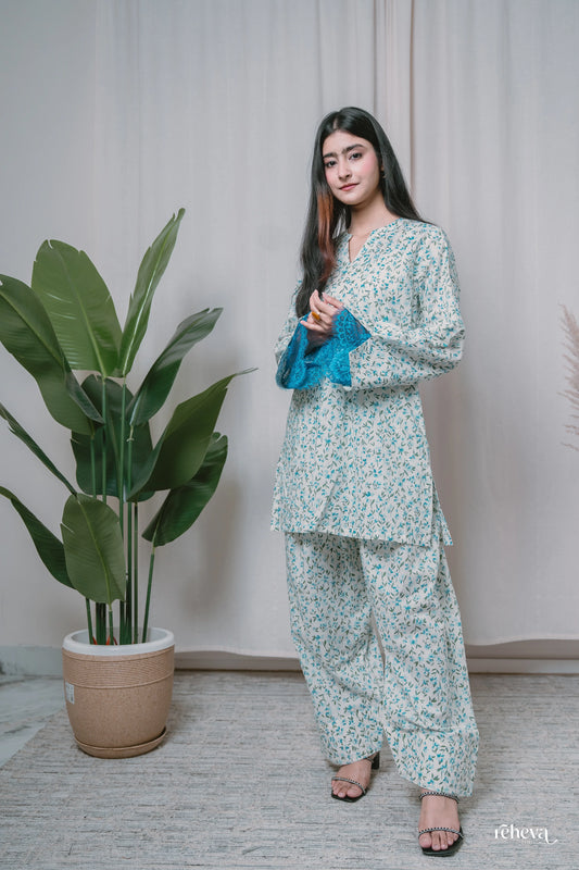 Booti White Teal Cambric Cotton Farshi Set