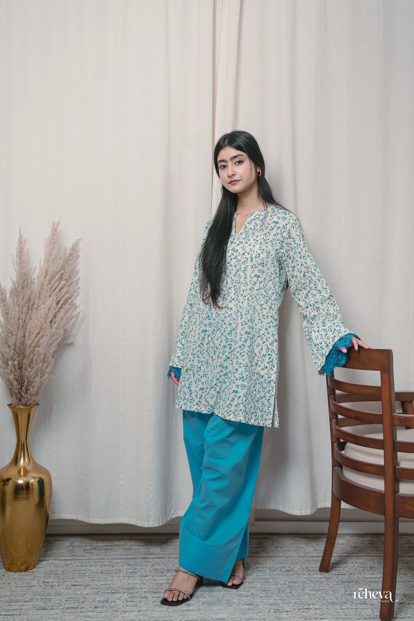 Chhint Turquoise Ivory Cambric Cotton Farshi Set