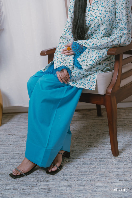 Chhint Turquoise Ivory Cambric Cotton Farshi Set