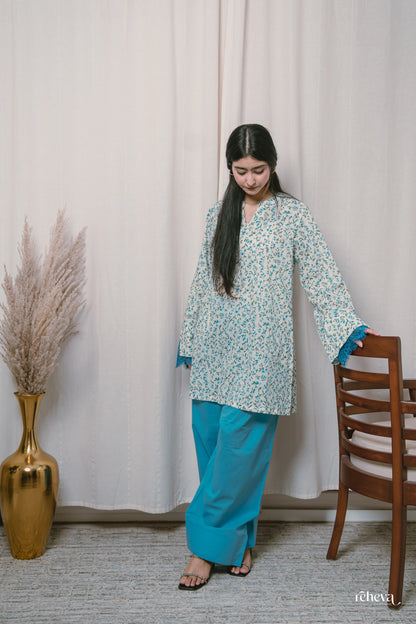 Chhint Turquoise Ivory Cambric Cotton Farshi Set