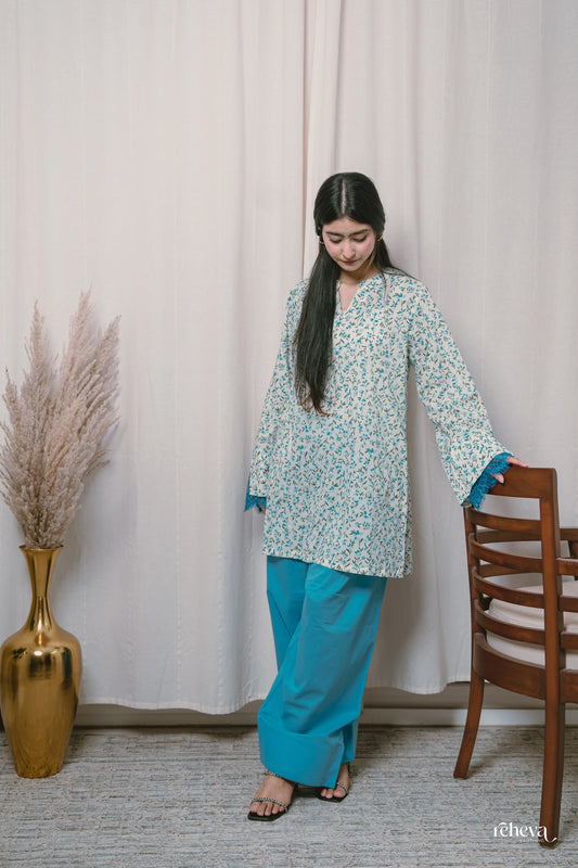Chhint Turquoise Ivory Cambric Cotton Farshi Set