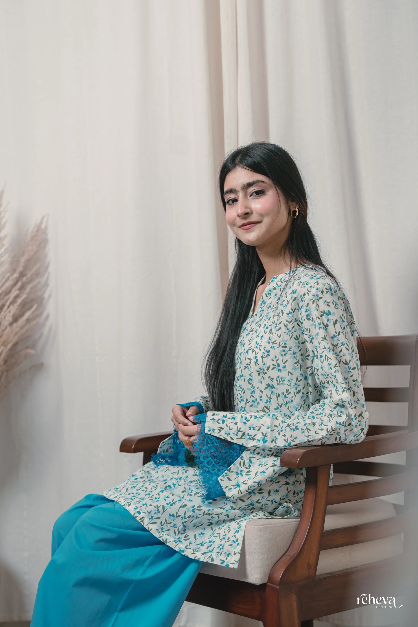 Chhint Turquoise Ivory Cambric Cotton Farshi Set
