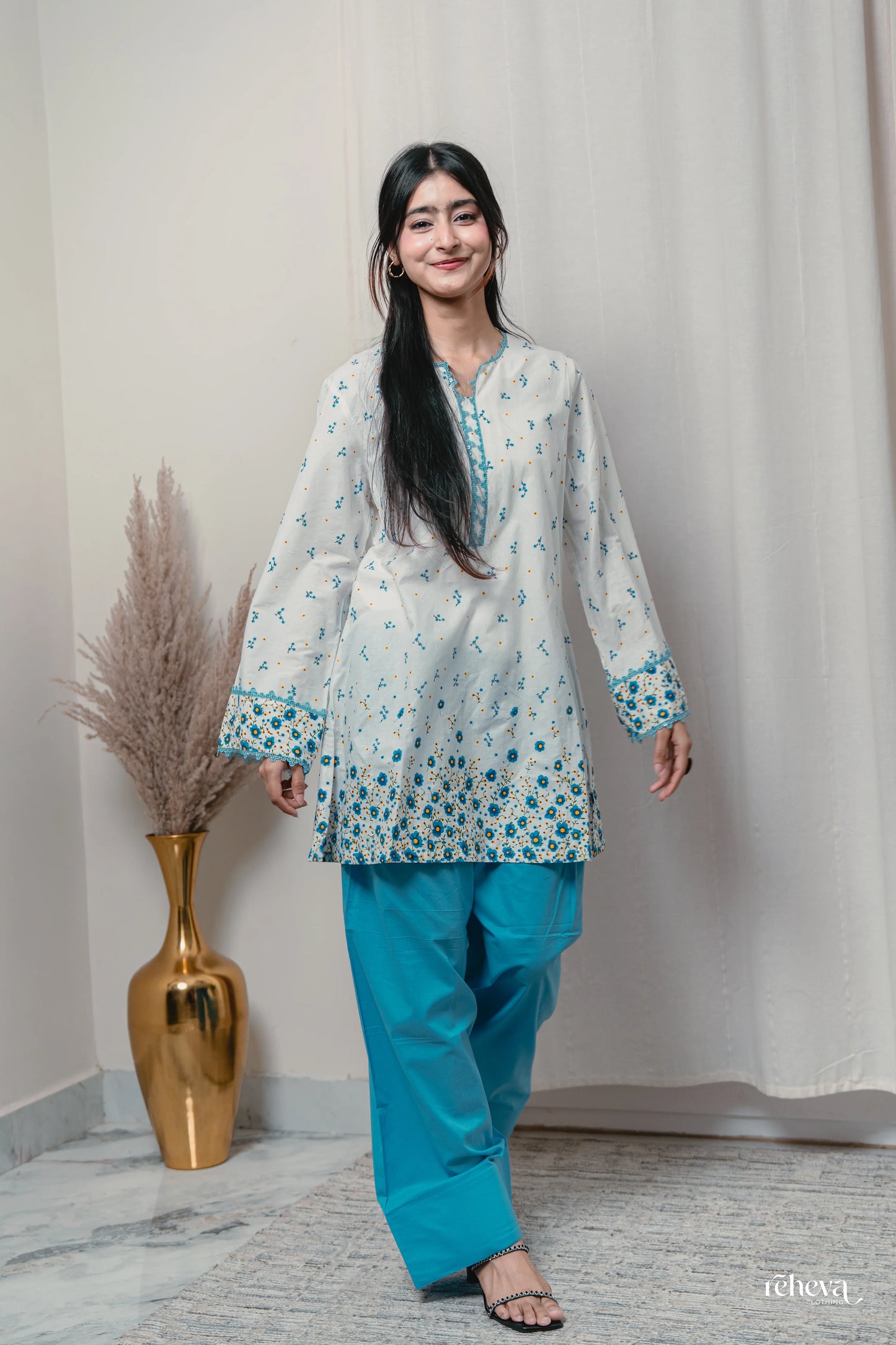 Daaman Aqua Ivory Cambric Cotton Farshi Set