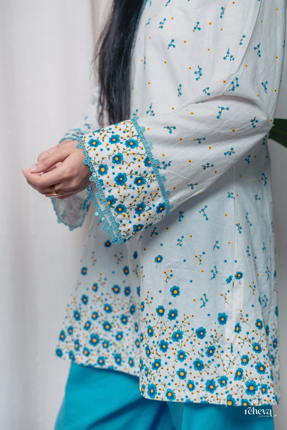 Daaman Aqua Ivory Cambric Cotton Farshi Set