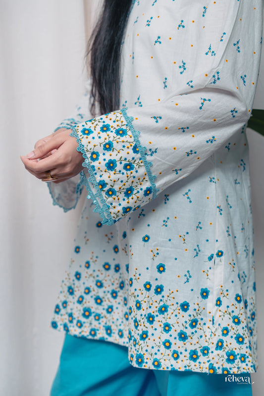 Daaman Aqua Ivory Cambric Cotton Farshi Set