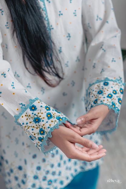 Daaman Aqua Ivory Cambric Cotton Farshi Set