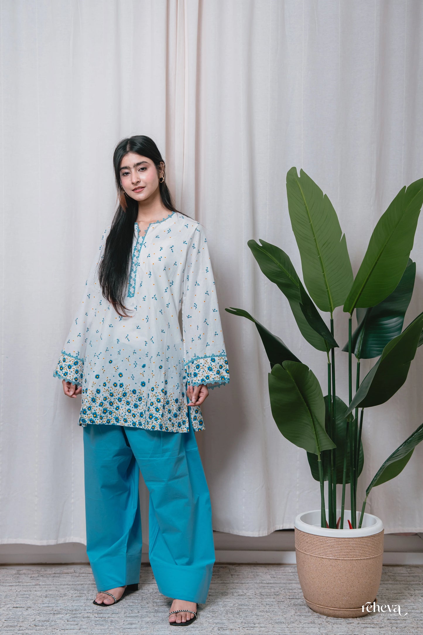 Daaman Aqua Ivory Cambric Cotton Farshi Set