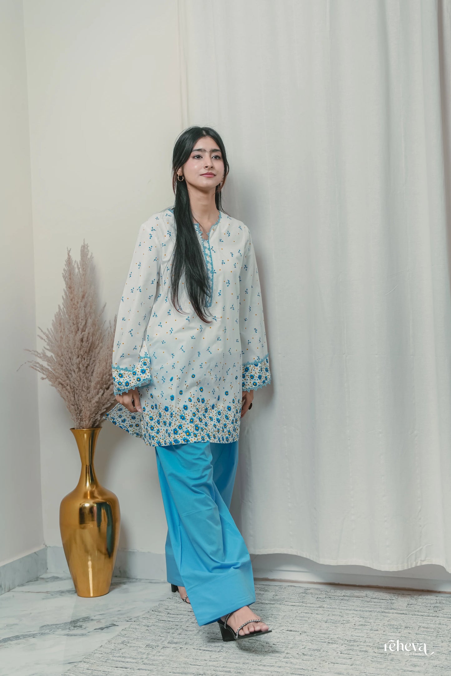 Daaman Aqua Ivory Cambric Cotton Farshi Set