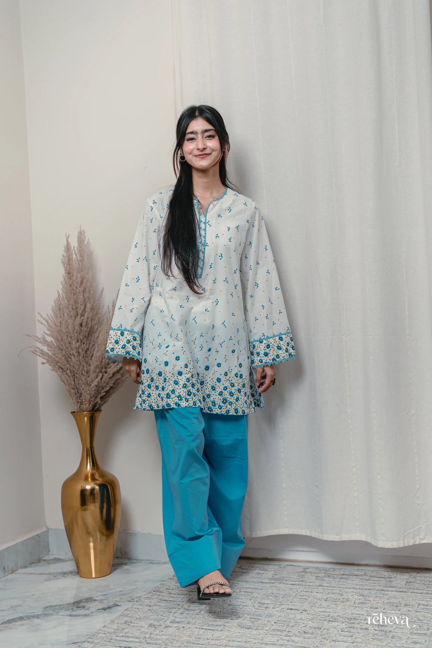 Daaman Aqua Ivory Cambric Cotton Farshi Set