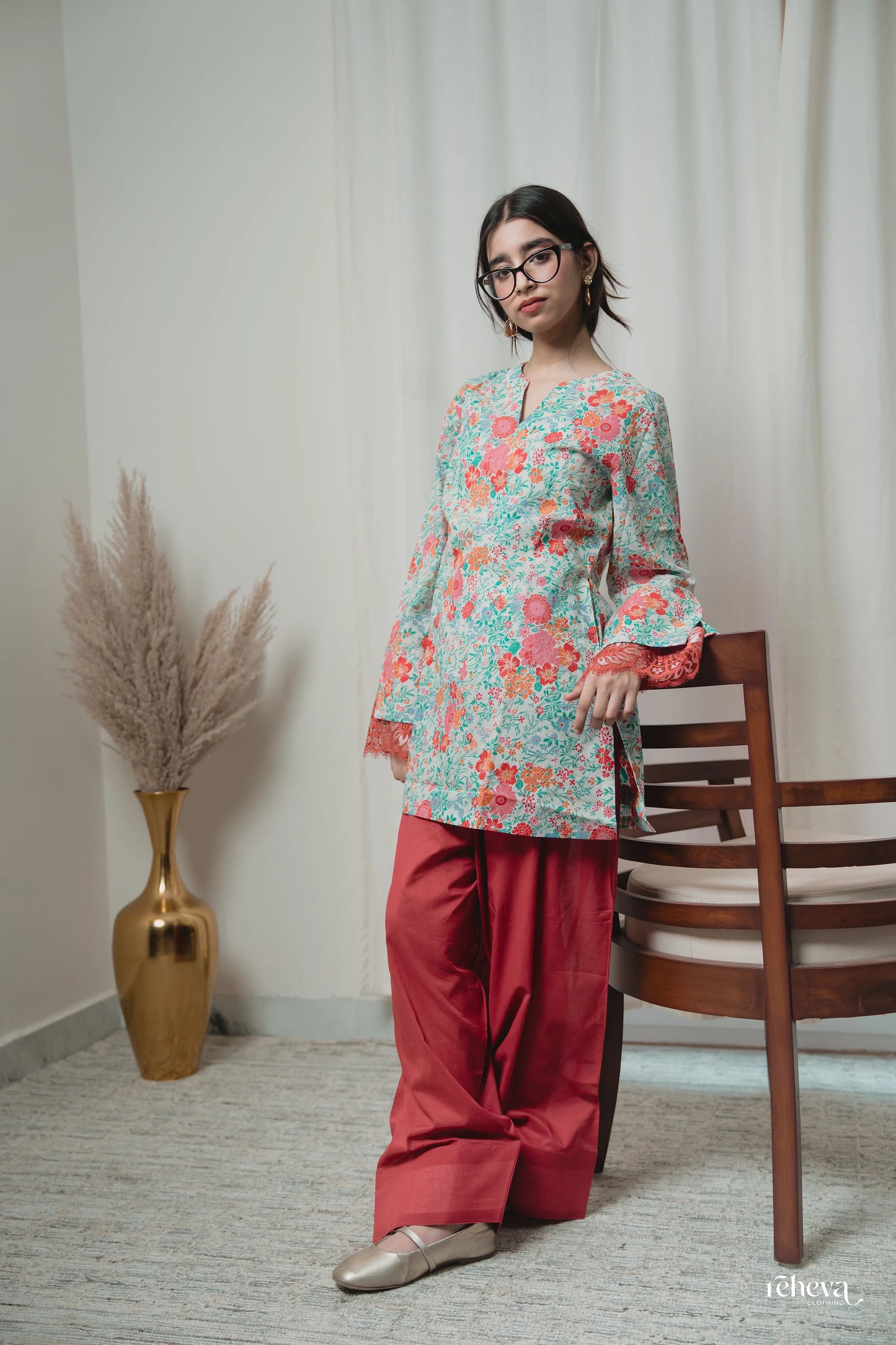 Gulbahar Mint Coral Cambric Cotton Farshi Set