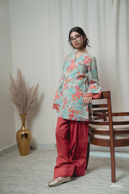 Gulbahar Mint Coral Cambric Cotton Farshi Set