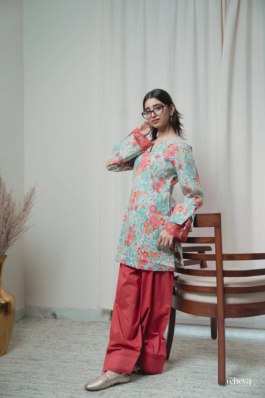 Gulbahar Mint Coral Cambric Cotton Farshi Set