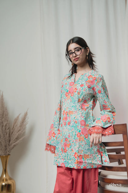 Gulbahar Mint Coral Cambric Cotton Farshi Set