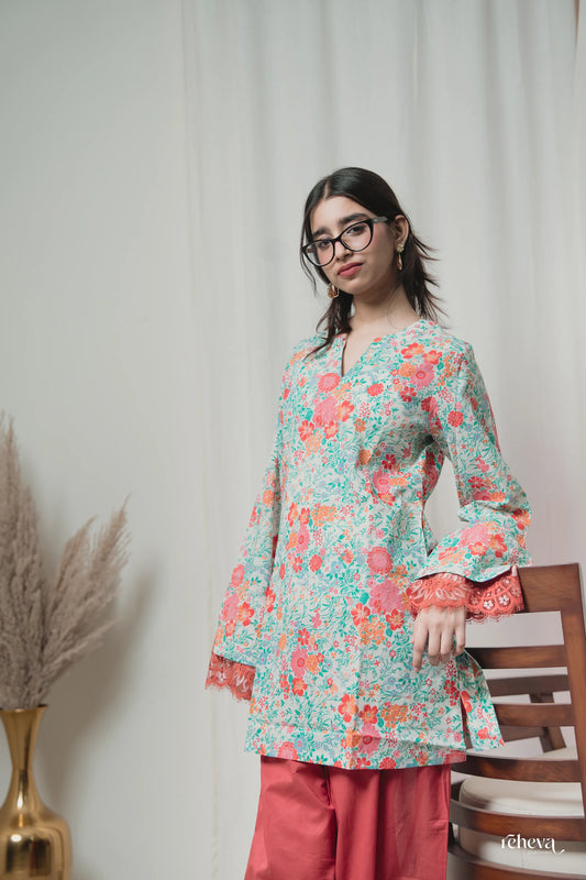 Gulbahar Mint Coral Cambric Cotton Farshi Set