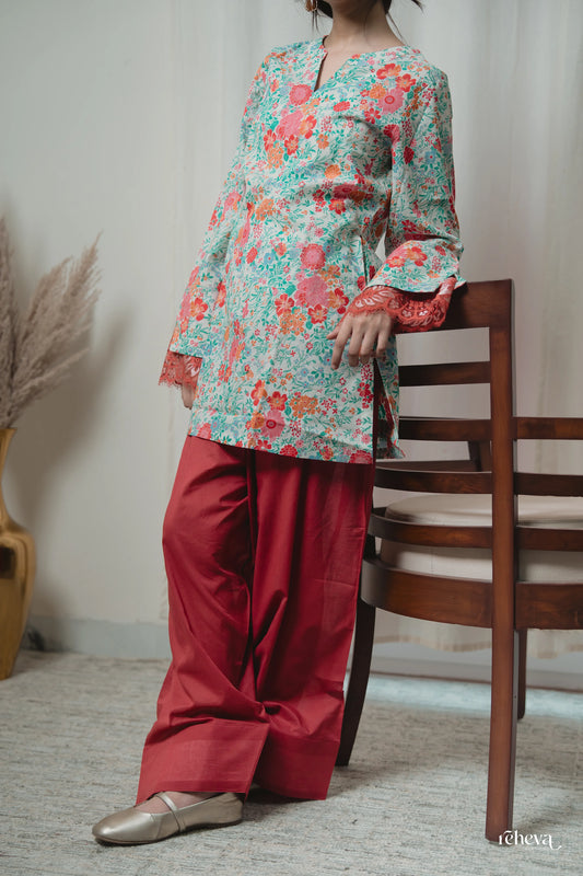 Gulbahar Mint Coral Cambric Cotton Farshi Set