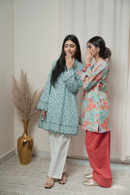 Gulbahar Mint Coral Cambric Cotton Farshi Set