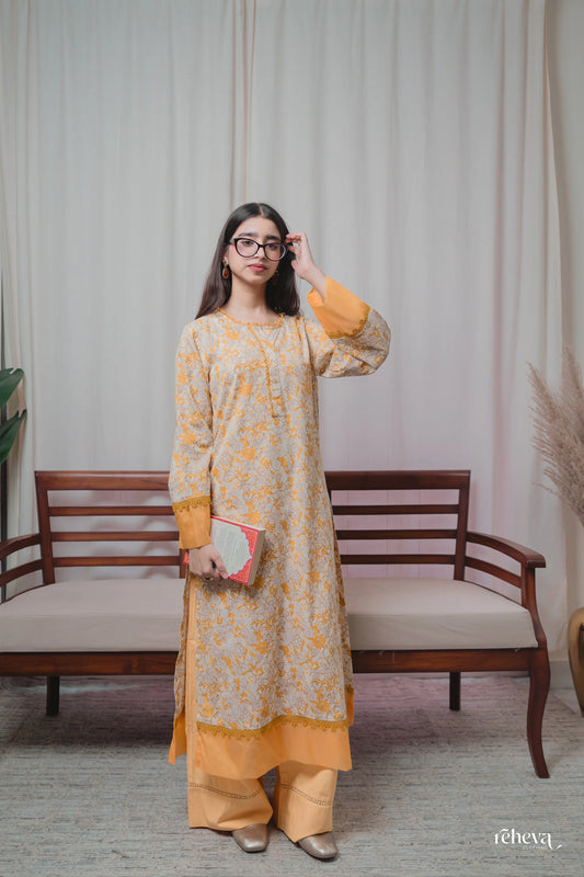 Gulmohar Mustard Cambric Cotton Kurta Set