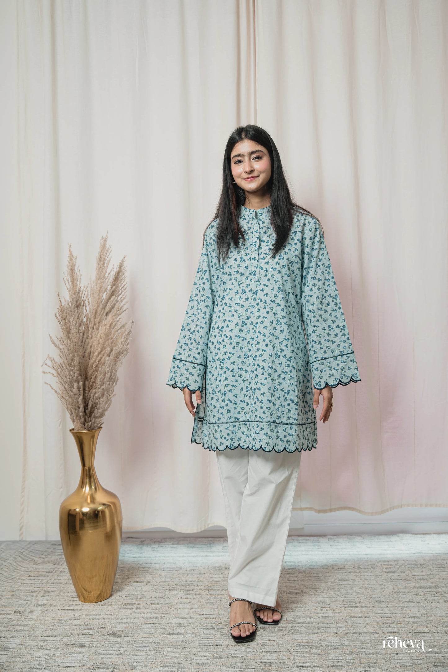 Lehar Seafoam Teal Embroidered Cotton Kurta Set