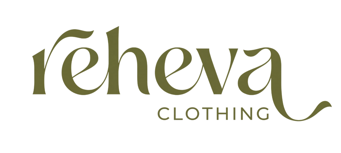 The logo for Reheva Clothing, featuring the word 'reheva' in a dark olive green cursive script with a decorative tail, and 'CLOTHING' in a smaller, clean sans-serif font below, all on a plain white background.