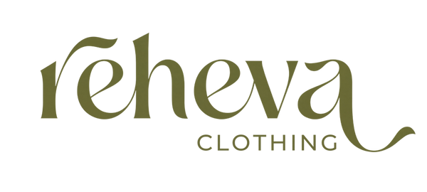 The logo for Reheva Clothing, featuring the word 'reheva' in a dark olive green cursive script with a decorative tail, and 'CLOTHING' in a smaller, clean sans-serif font below, all on a plain white background.