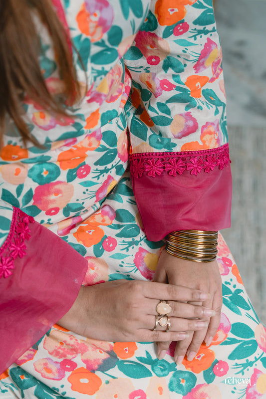 Phulwari Ivory Fuchsia Cambric Cotton Kurta Set