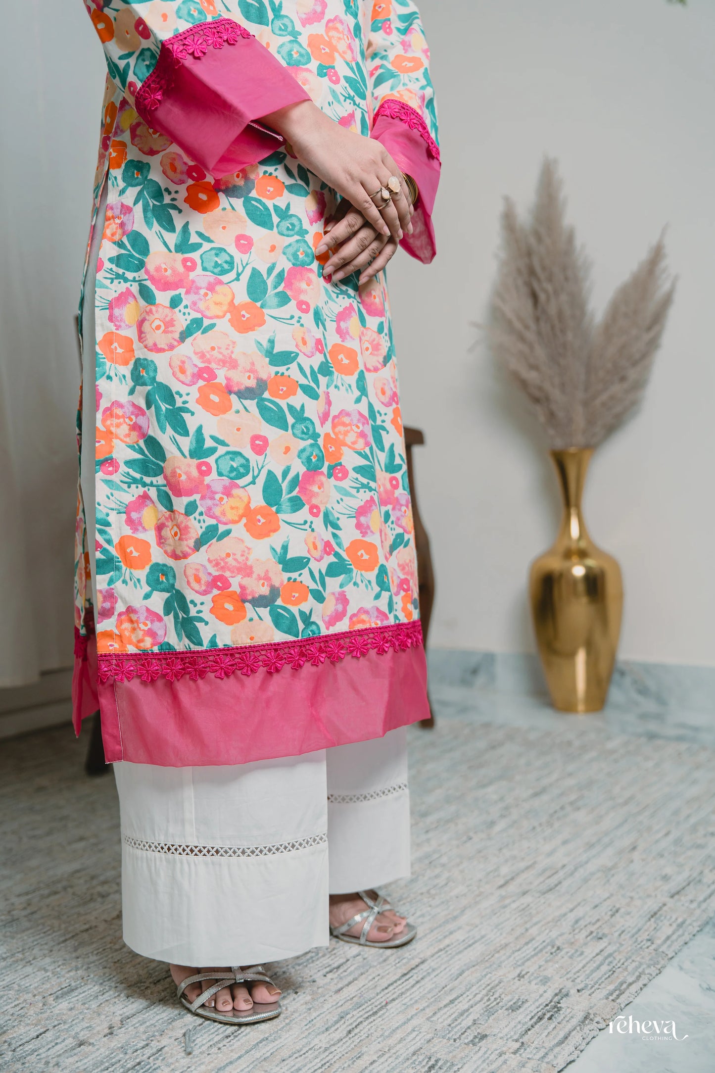 Phulwari Ivory Fuchsia Cambric Cotton Kurta Set